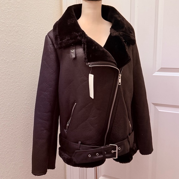Women's Faux Shearing Moto Jacket Thick Lined Parka Winter Coat Leather Large - Picture 5 of 12